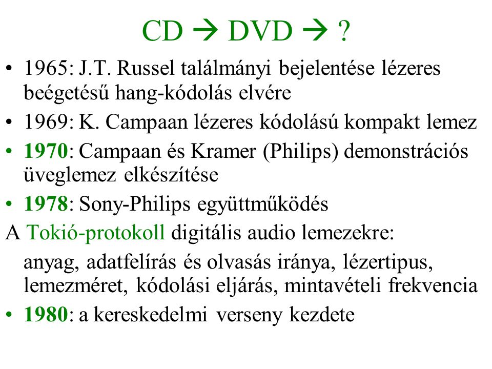 CD  DVD  1965: J.T. Russel találmányi bejelentése lézeres beégetésű hang-kódolás elvére. 1969: K. Campaan lézeres kódolású kompakt lemez.