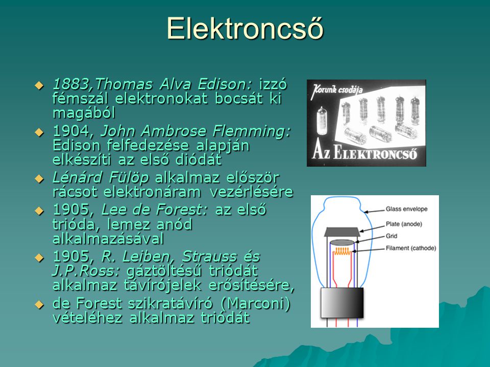 Elektroncső 1883,Thomas Alva Edison: izzó fémszál elektronokat bocsát ki magából.