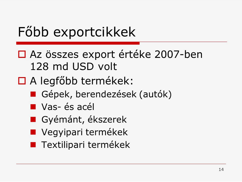 Főbb exportcikkek Az összes export értéke 2007-ben 128 md USD volt