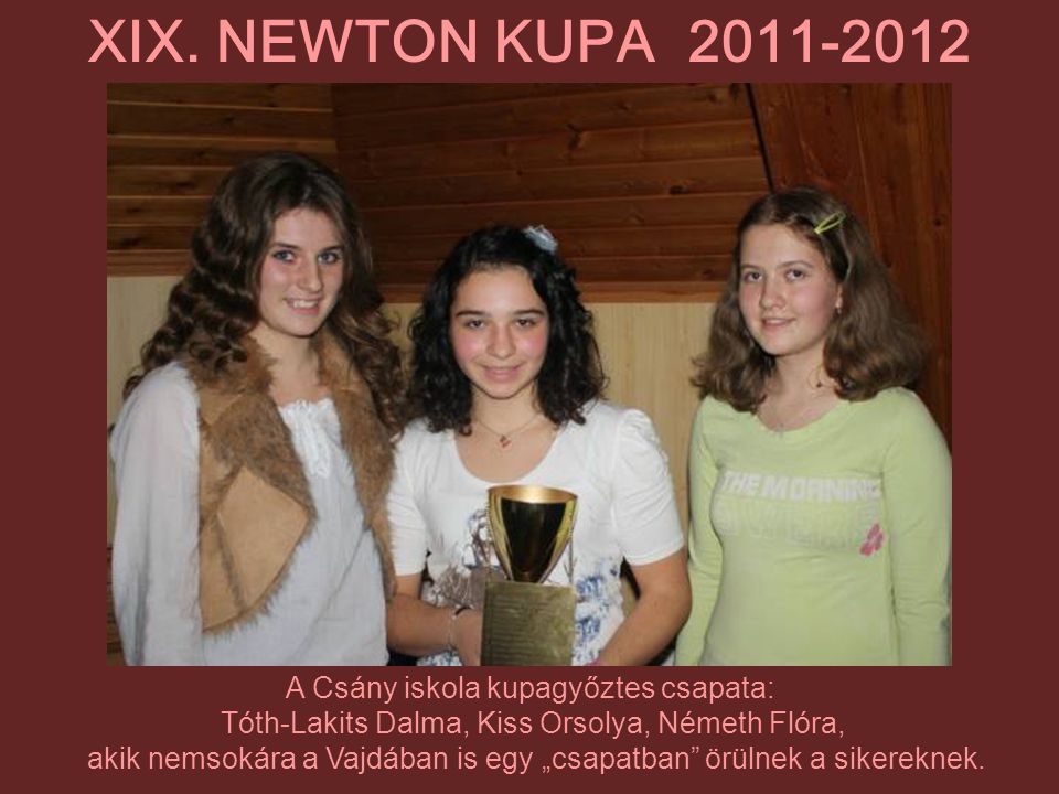 XIX. NEWTON KUPA A Csány iskola kupagyőztes csapata: