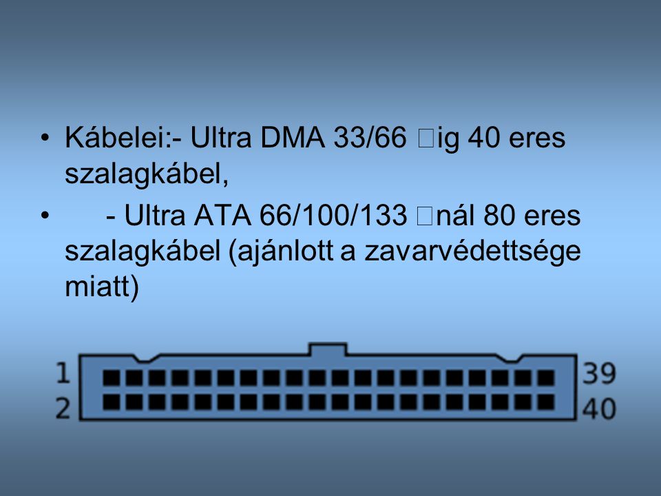 Kábelei: - Ultra DMA 33/66 ig 40 eres szalagkábel,