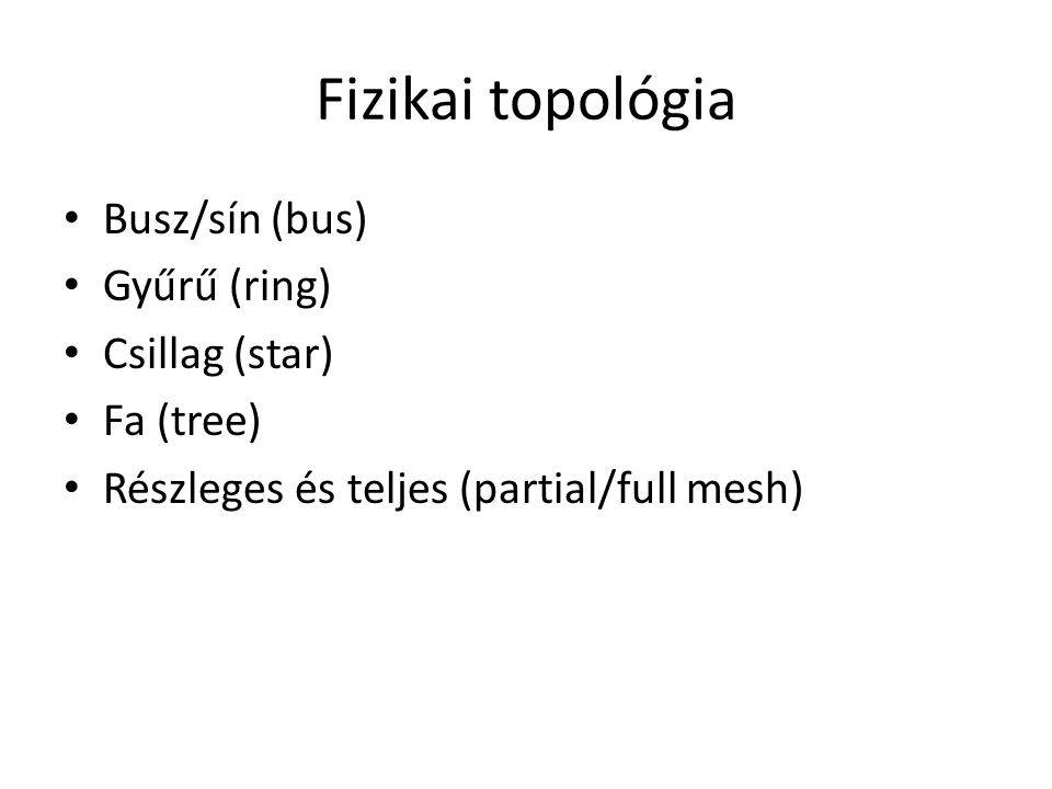 Fizikai topológia Busz/sín (bus) Gyűrű (ring) Csillag (star) Fa (tree)