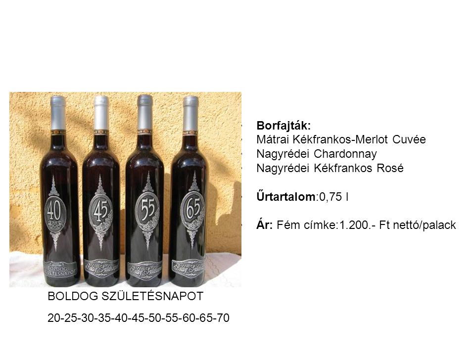 Borfajták: Mátrai Kékfrankos-Merlot Cuvée. Nagyrédei Chardonnay. Nagyrédei Kékfrankos Rosé. Űrtartalom:0,75 l.