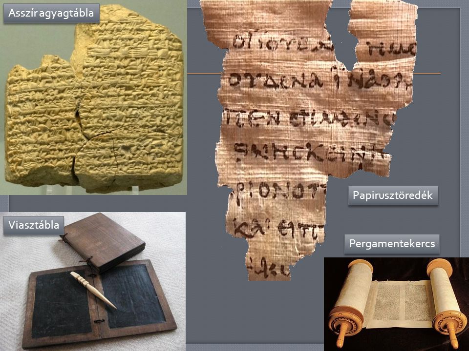 Asszír agyagtábla Papirusztöredék Viasztábla Pergamentekercs