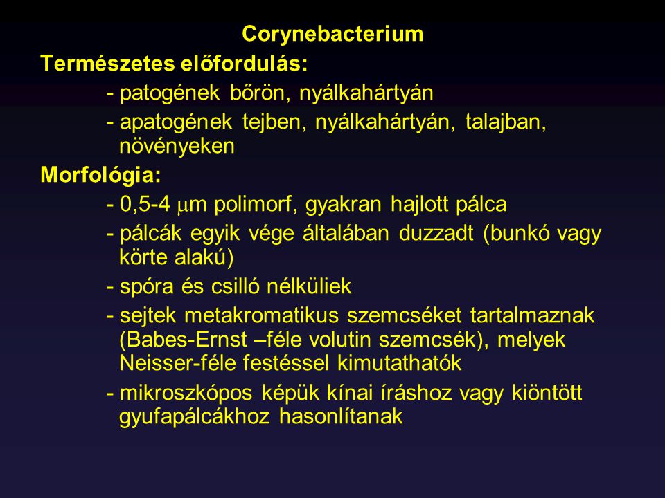 Corynebacterium Természetes előfordulás: - patogének bőrön, nyálkahártyán. - apatogének tejben, nyálkahártyán, talajban, növényeken.