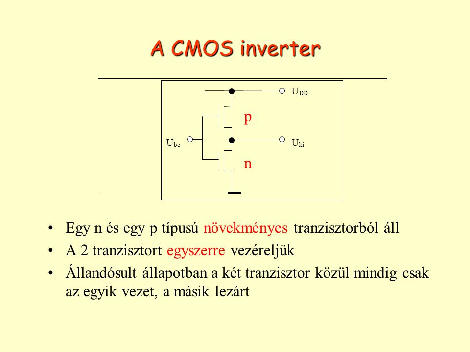 A CMOS inverter p. n. U. be. ki. DD. Egy n és egy p típusú növekményes tranzisztorból áll. A 2 tranzisztort egyszerre vezéreljük.