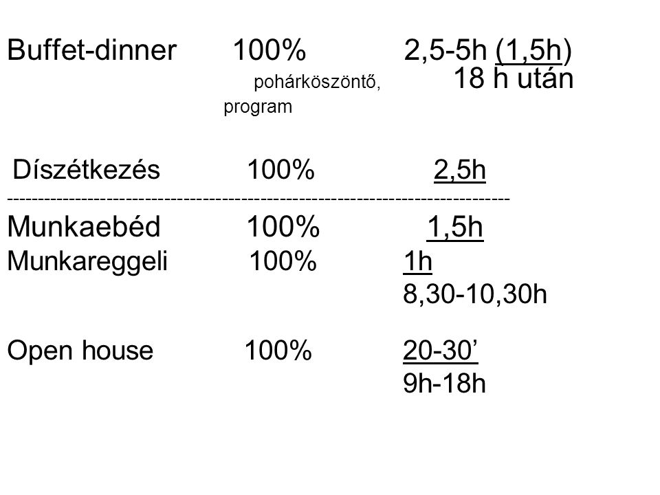 Buffet-dinner 100% 2,5-5h (1,5h) pohárköszöntő, 18 h után