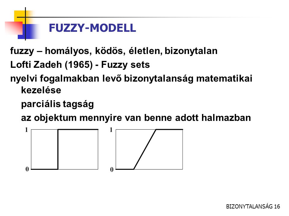 FUZZY-MODELL fuzzy – homályos, ködös, életlen, bizonytalan