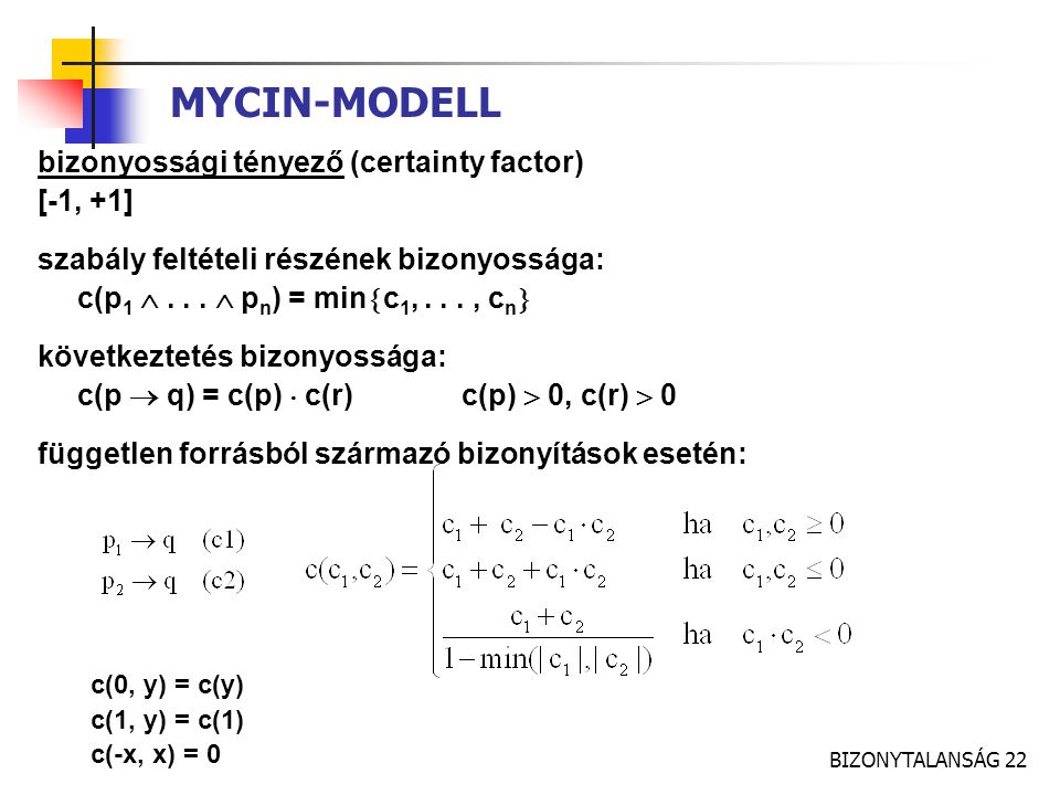 MYCIN-MODELL bizonyossági tényező (certainty factor) [-1, +1]