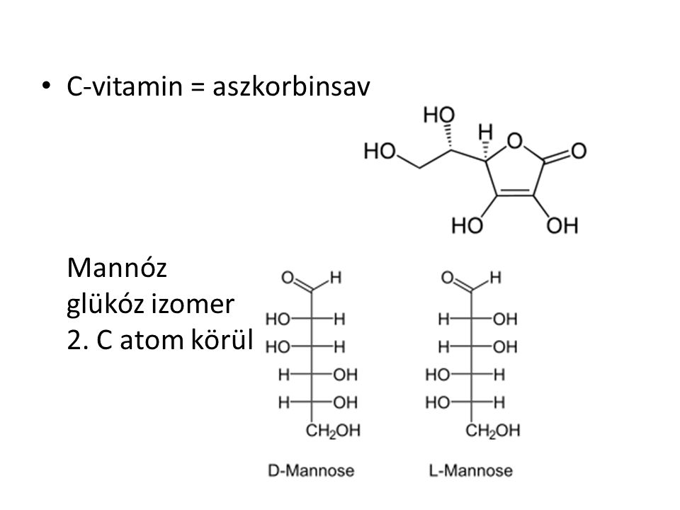C-vitamin = aszkorbinsav Mannóz glükóz izomer 2. C atom körül