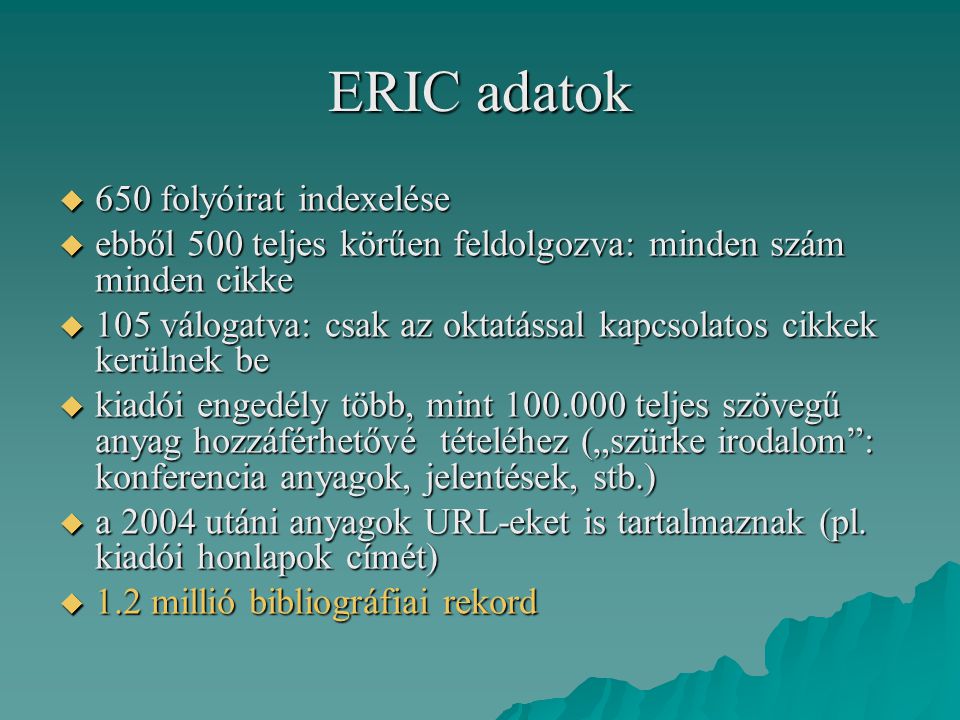 ERIC adatok 650 folyóirat indexelése