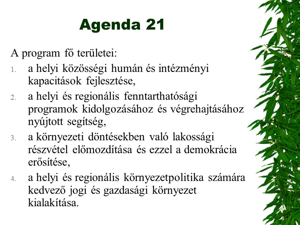 Agenda 21 A program fő területei: