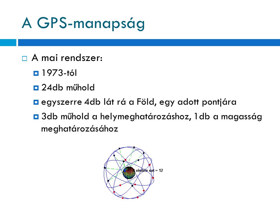 A GPS-manapság A mai rendszer: 1973-tól 24db műhold