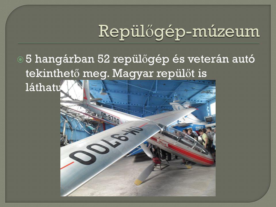 Repülőgép-múzeum 5 hangárban 52 repülőgép és veterán autó tekinthető meg.