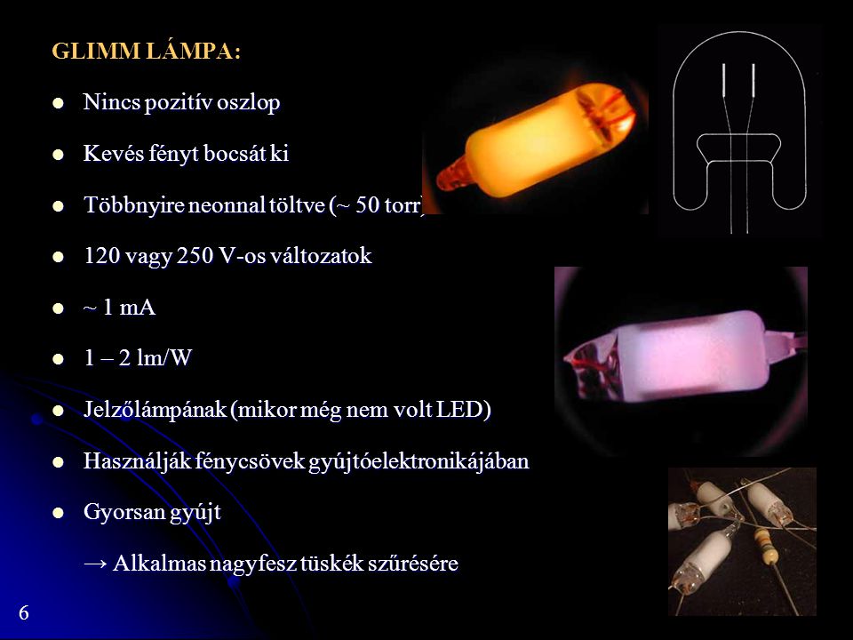 GLIMM LÁMPA: Nincs pozitív oszlop. Kevés fényt bocsát ki. Többnyire neonnal töltve (~ 50 torr) 120 vagy 250 V-os változatok.