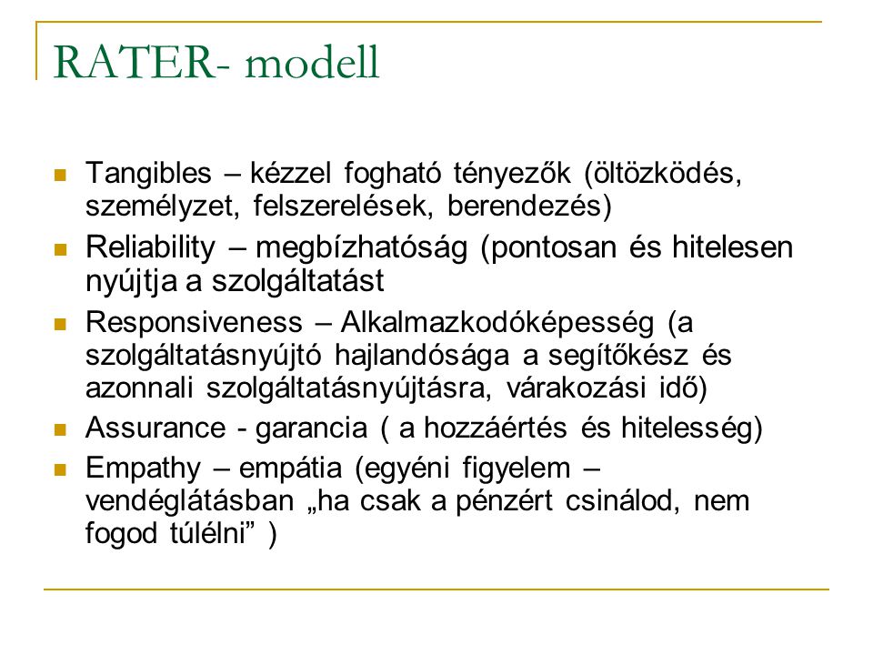RATER- modell Tangibles – kézzel fogható tényezők (öltözködés, személyzet, felszerelések, berendezés)