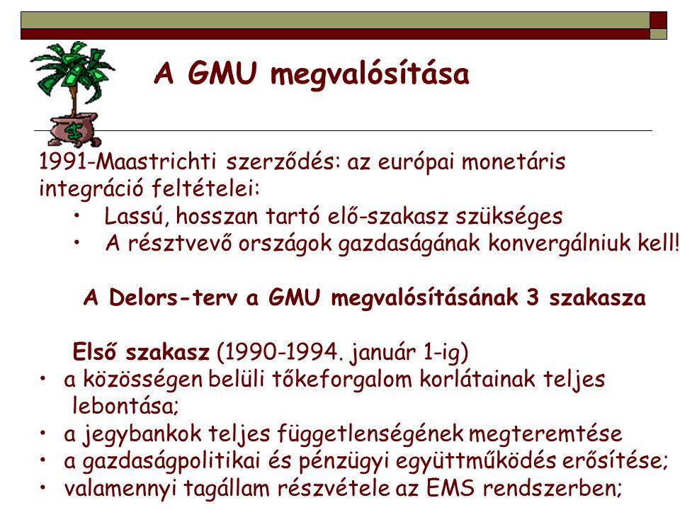 A GMU megvalósítása 1991-Maastrichti szerződés: az európai monetáris