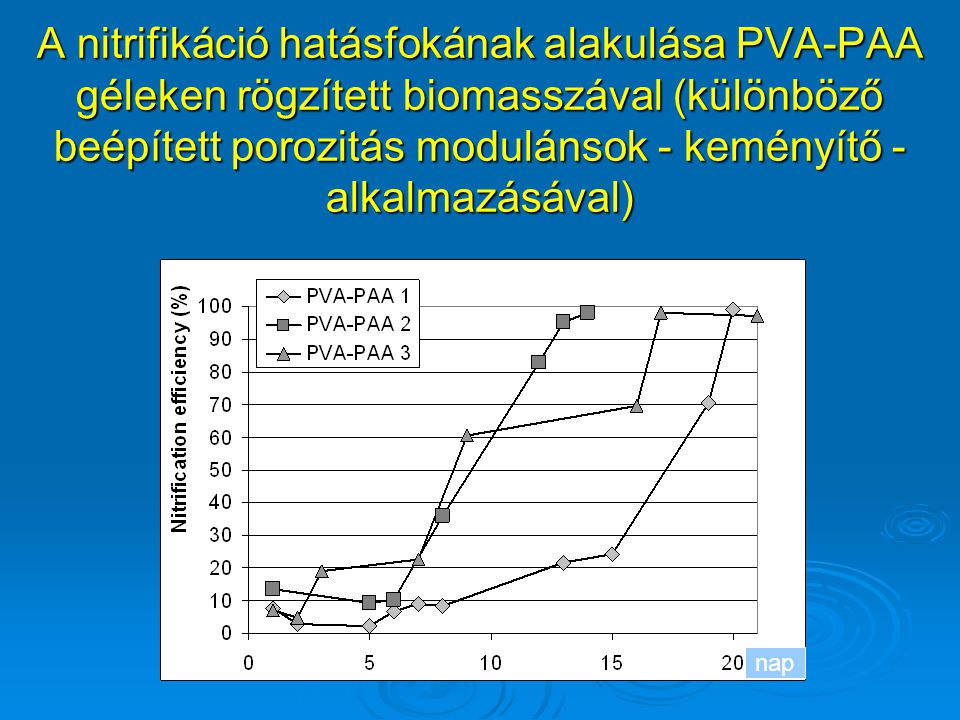 A nitrifikáció hatásfokának alakulása PVA-PAA géleken rögzített biomasszával (különböző beépített porozitás modulánsok - keményítő - alkalmazásával)