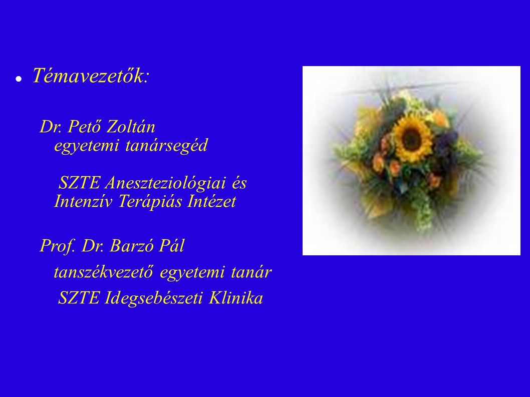 Témavezetők: Dr. Pető Zoltán egyetemi tanársegéd SZTE Aneszteziológiai és Intenzív Terápiás Intézet.