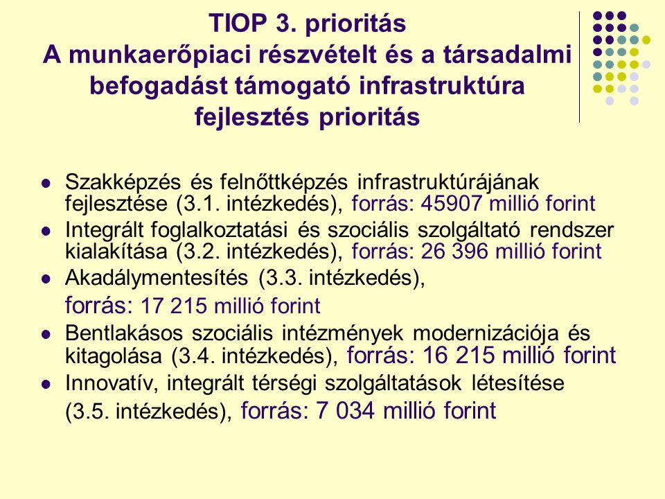 TIOP 3. prioritás A munkaerőpiaci részvételt és a társadalmi befogadást támogató infrastruktúra fejlesztés prioritás