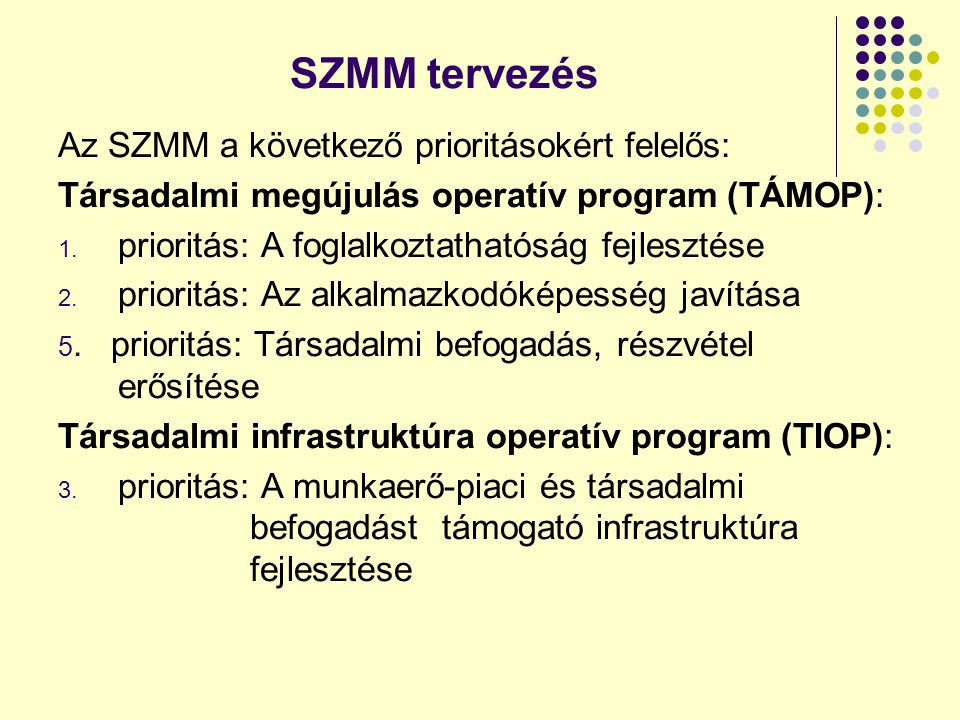 SZMM tervezés Az SZMM a következő prioritásokért felelős: