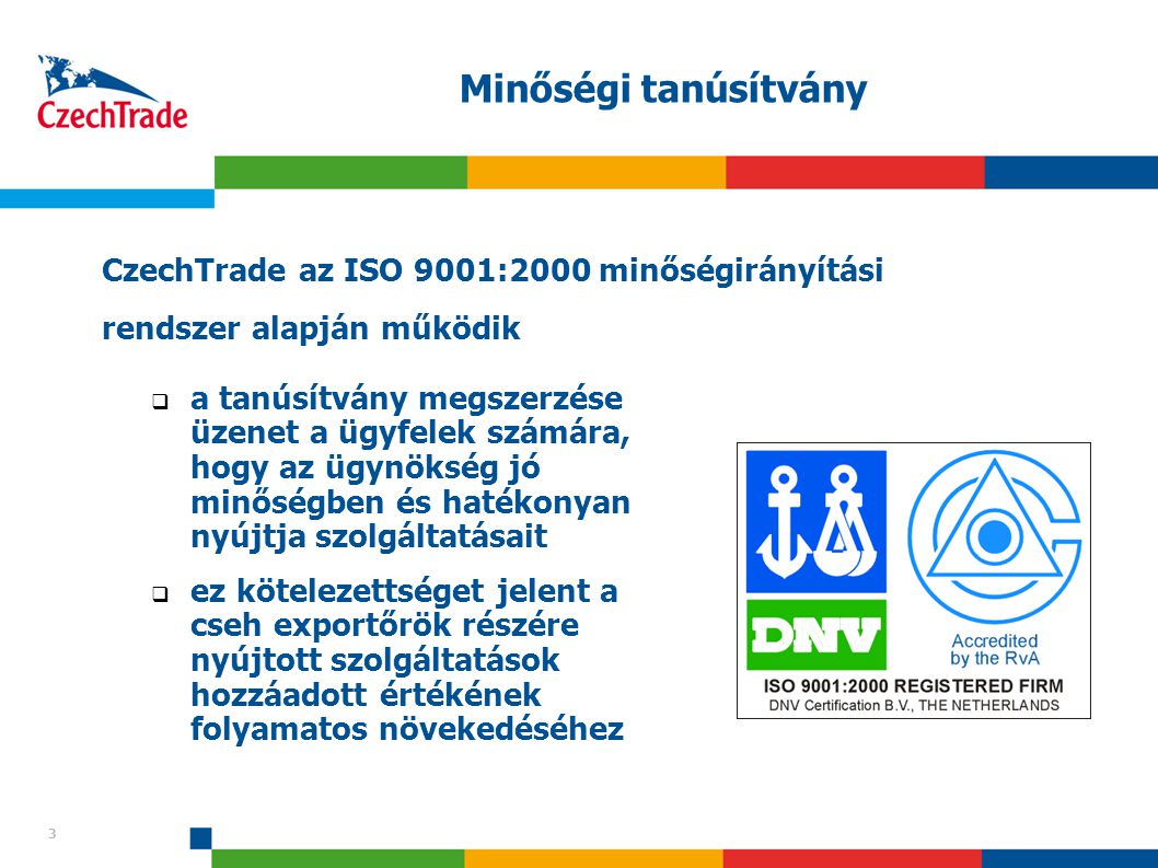 Minőségi tanúsítvány CzechTrade az ISO 9001:2000 minőségirányítási