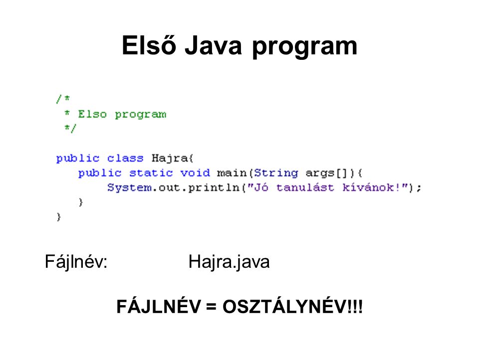 Első Java program Fájlnév: Hajra.java FÁJLNÉV = OSZTÁLYNÉV!!!