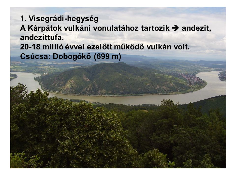 1. Visegrádi-hegység A Kárpátok vulkáni vonulatához tartozik  andezit, andezittufa millió évvel ezelőtt működő vulkán volt.