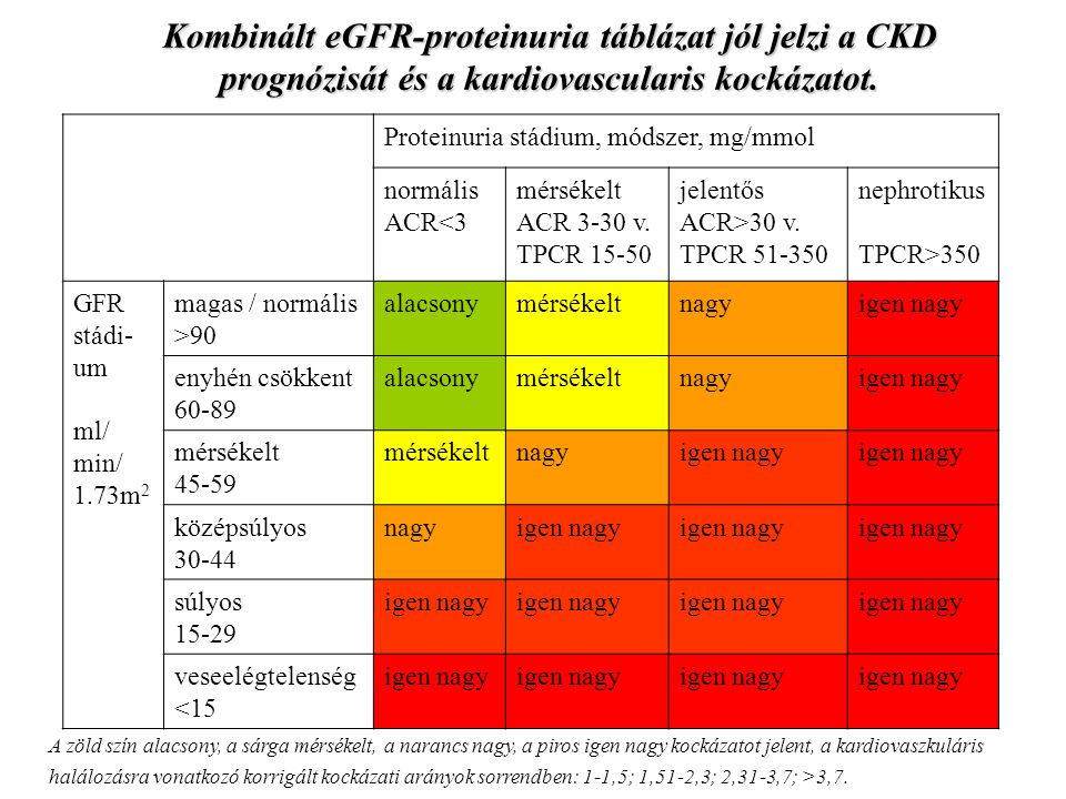Kombinált eGFR-proteinuria táblázat jól jelzi a CKD prognózisát és a kardiovascularis kockázatot.