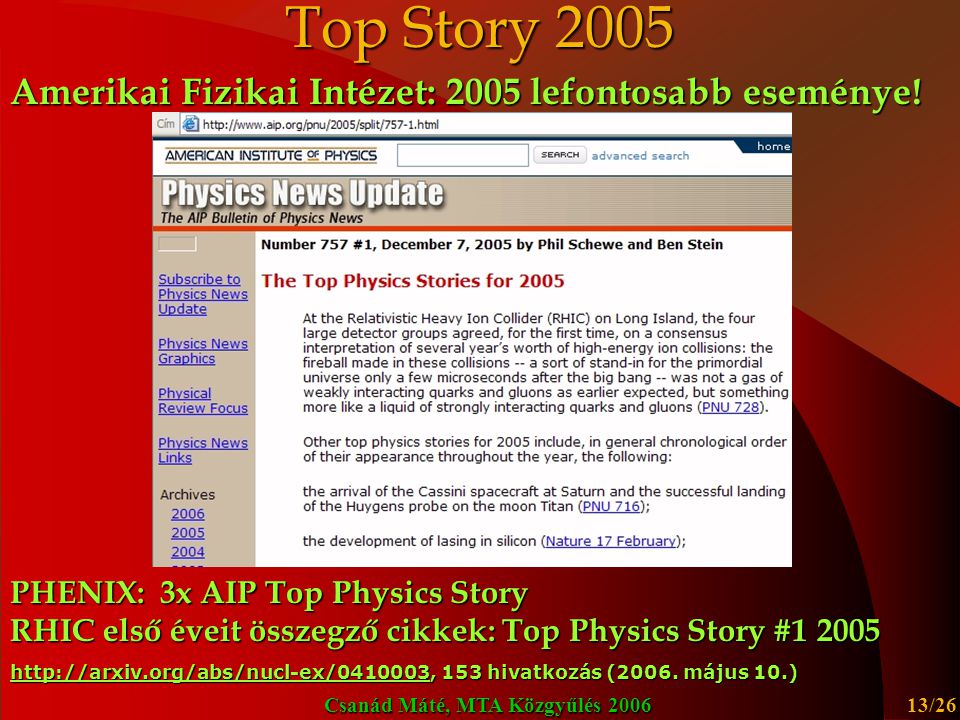 Top Story 2005 Amerikai Fizikai Intézet: 2005 lefontosabb eseménye!