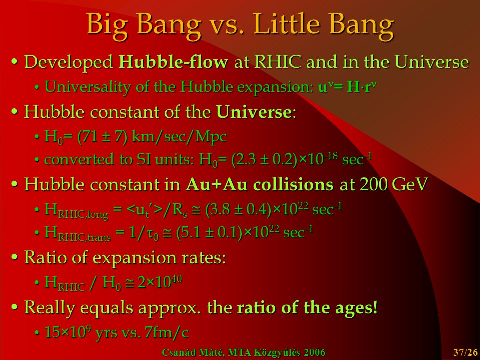 Big Bang vs. Little Bang Developed Hubble-flow at RHIC and in the Universe. Universality of the Hubble expansion: un= Hrn.
