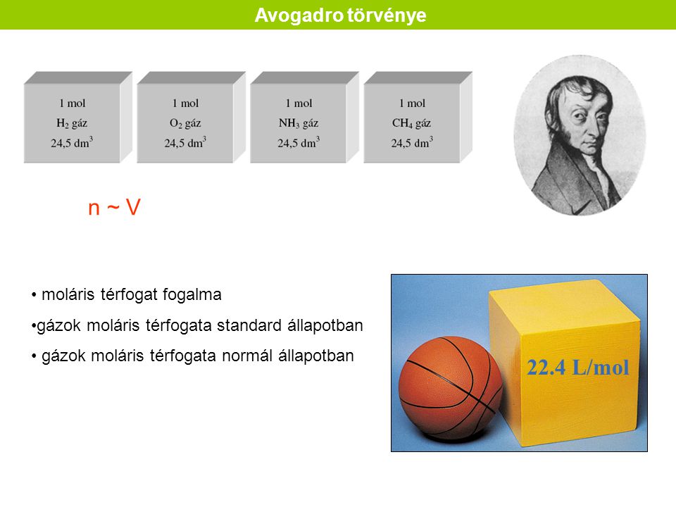 n ~ V 22.4 L/mol Avogadro törvénye moláris térfogat fogalma