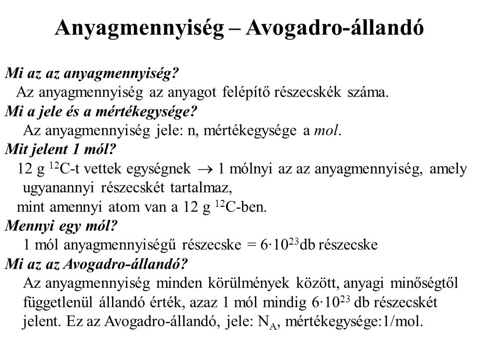 Anyagmennyiség – Avogadro-állandó