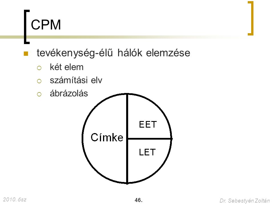 CPM tevékenység-élű hálók elemzése két elem számítási elv ábrázolás