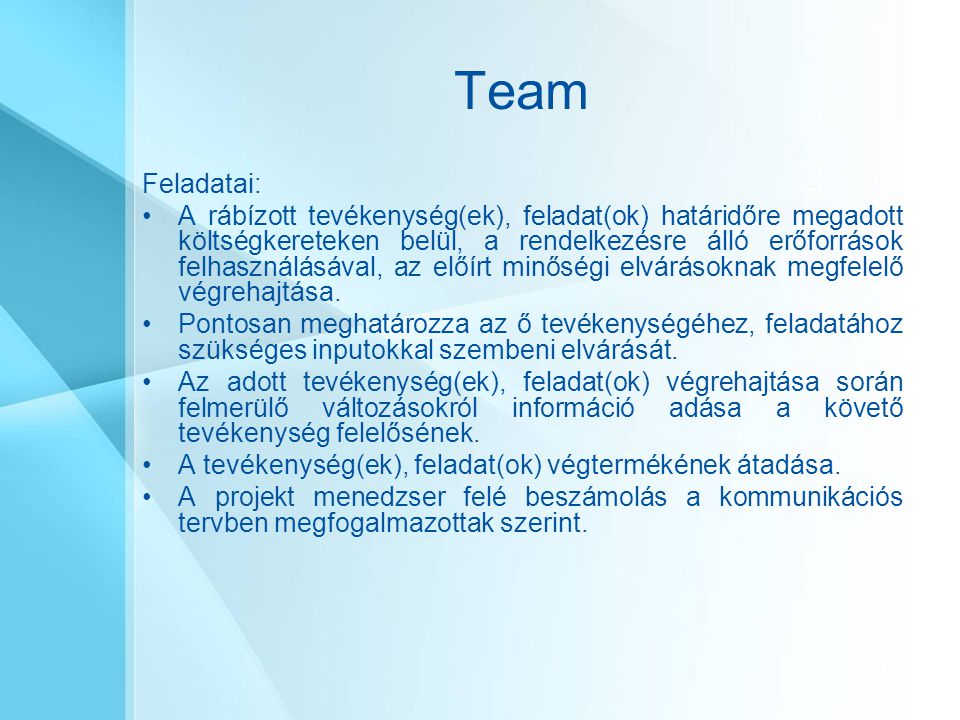 Team Feladatai: