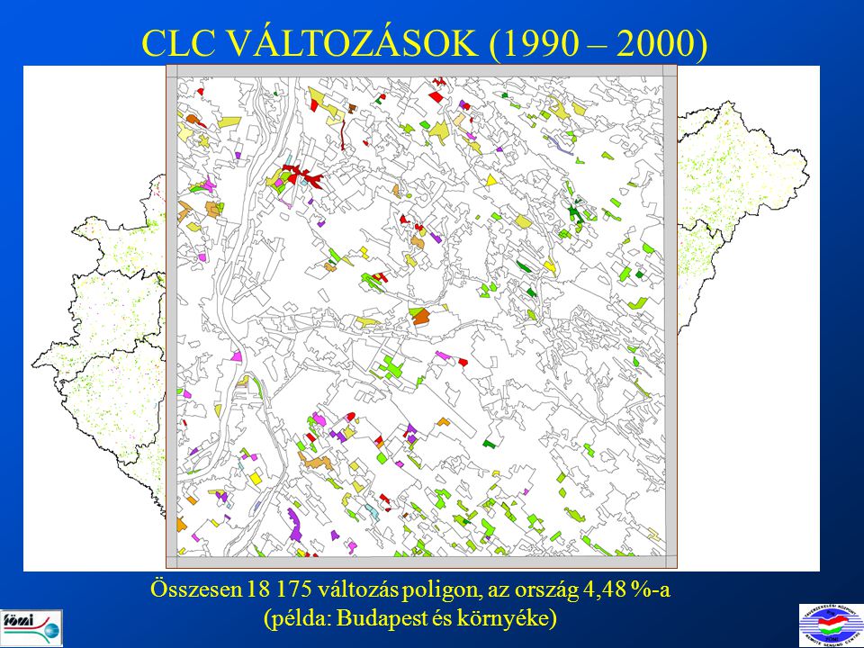 CLC VÁLTOZÁSOK (1990 – 2000) Összesen változás poligon, az ország 4,48 %-a (példa: Budapest és környéke)