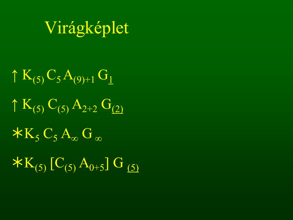 Virágképlet ↑ K(5) C5 A(9)+1 G1 ↑ K(5) C(5) A2+2 G(2) K5 C5 A∞ G ∞