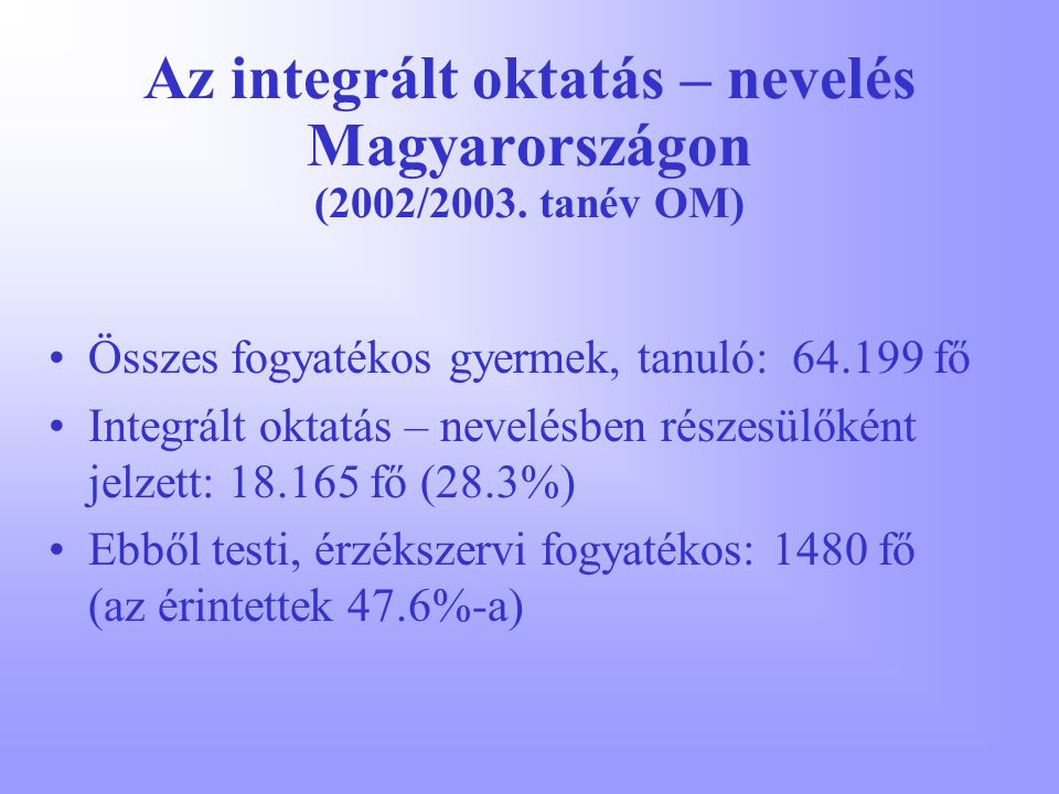 Az integrált oktatás – nevelés Magyarországon (2002/2003. tanév OM)