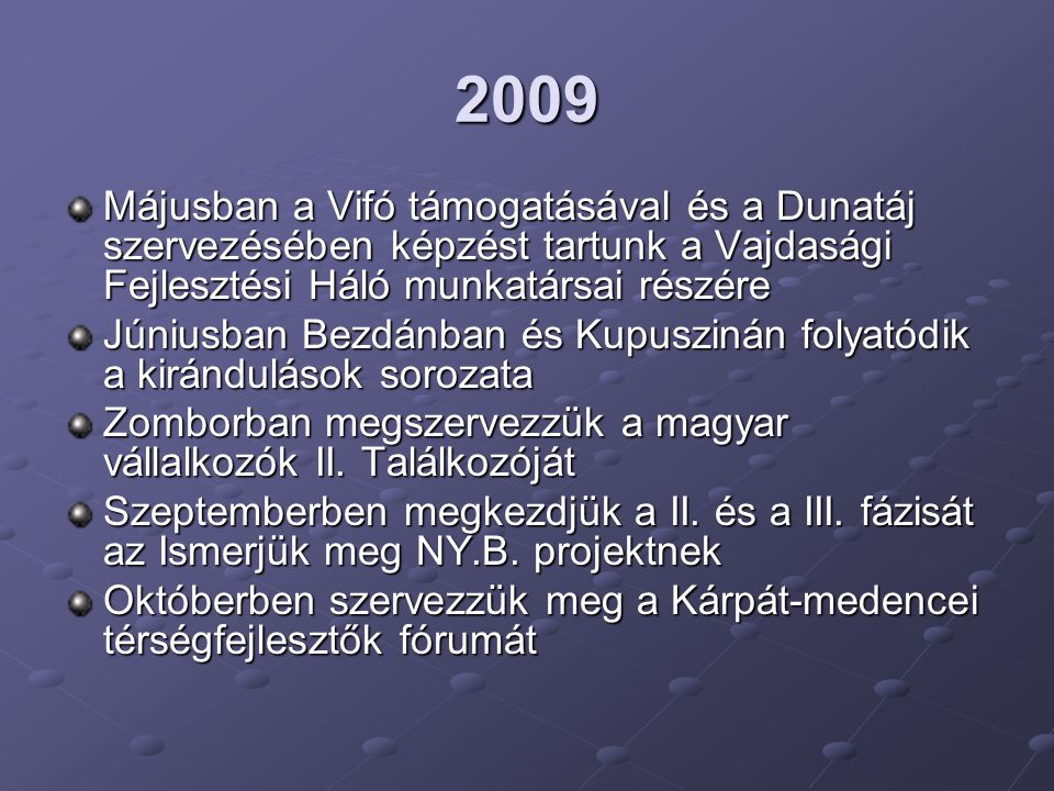 2009 Májusban a Vifó támogatásával és a Dunatáj szervezésében képzést tartunk a Vajdasági Fejlesztési Háló munkatársai részére.