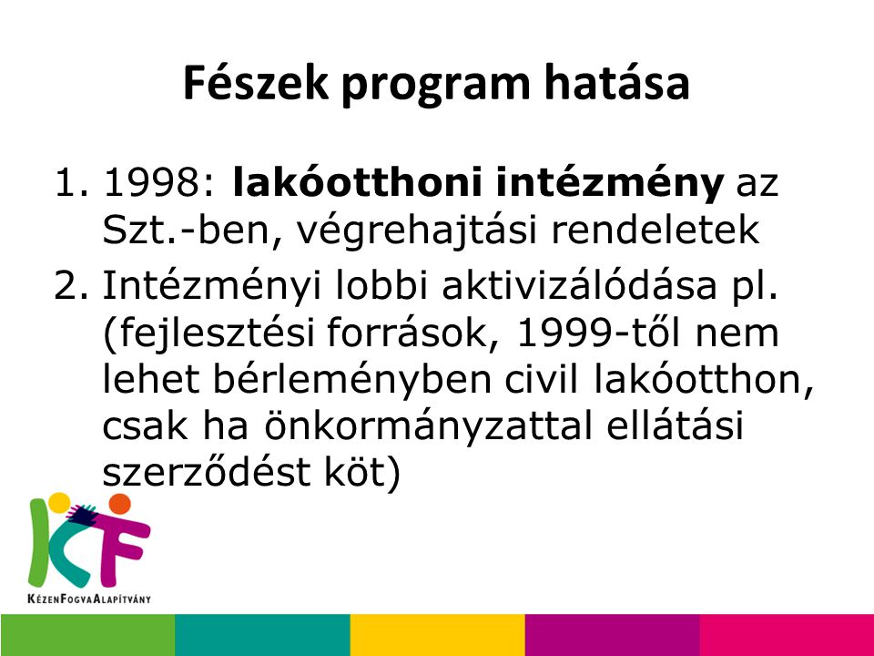 Fészek program hatása 1998: lakóotthoni intézmény az Szt.-ben, végrehajtási rendeletek.