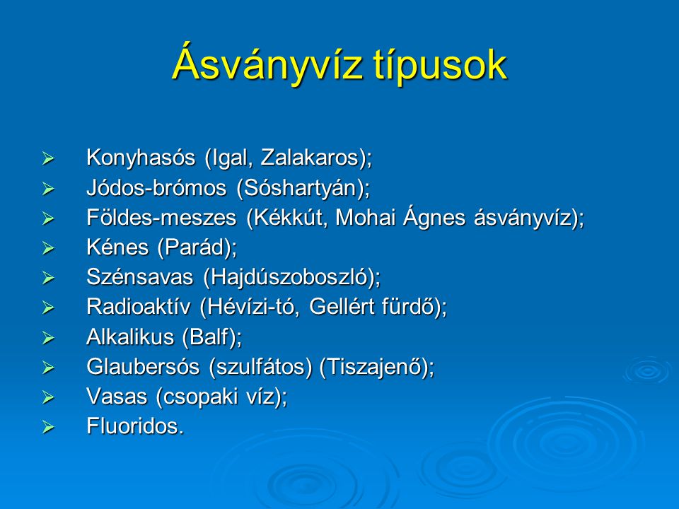 Ásványvíz típusok Konyhasós (Igal, Zalakaros);