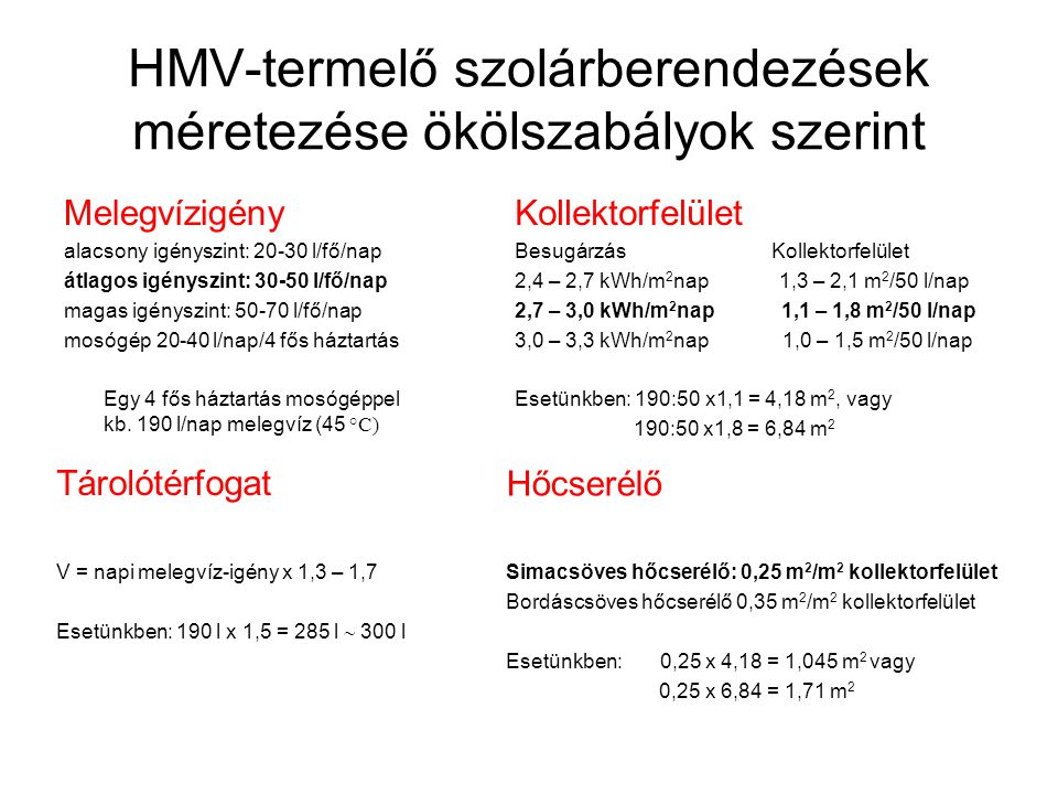 HMV-termelő szolárberendezések méretezése ökölszabályok szerint