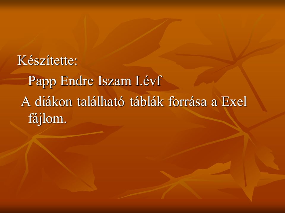 Készítette: Papp Endre Iszam I.évf A diákon található táblák forrása a Exel fájlom.