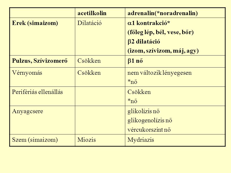 acetilkolin adrenalin(*noradrenalin) Erek (simaizom) Dilatáció. 1 kontrakció* (főleg lép, bél, vese, bőr)