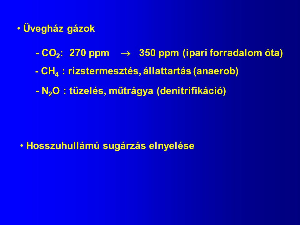 Üvegház gázok - CO2: 270 ppm  350 ppm (ipari forradalom óta) - CH4 : rizstermesztés, állattartás (anaerob)