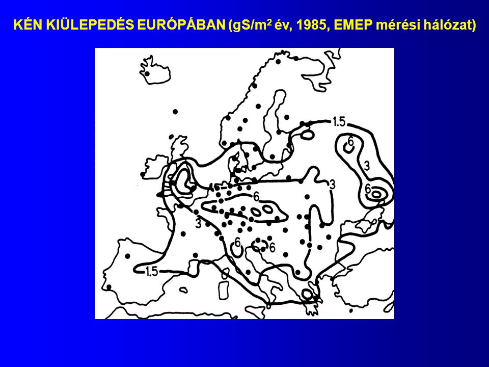 KÉN KIÜLEPEDÉS EURÓPÁBAN (gS/m2 év, 1985, EMEP mérési hálózat)
