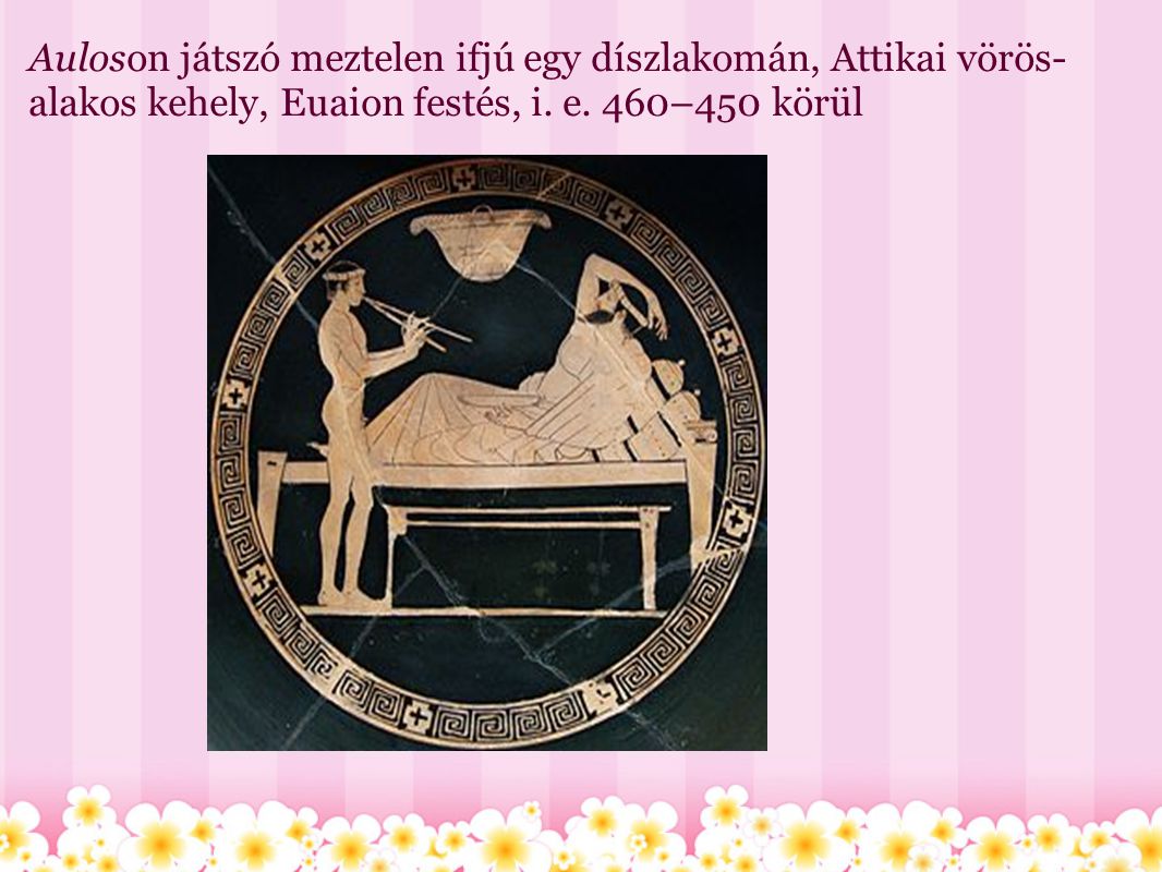 Auloson játszó meztelen ifjú egy díszlakomán, Attikai vörös-alakos kehely, Euaion festés, i. e. 460–450 körül