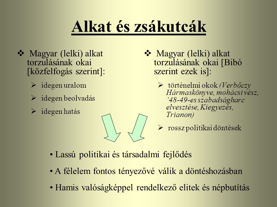 Alkat és zsákutcák Magyar (lelki) alkat torzulásának okai [közfelfogás szerint]: idegen uralom.