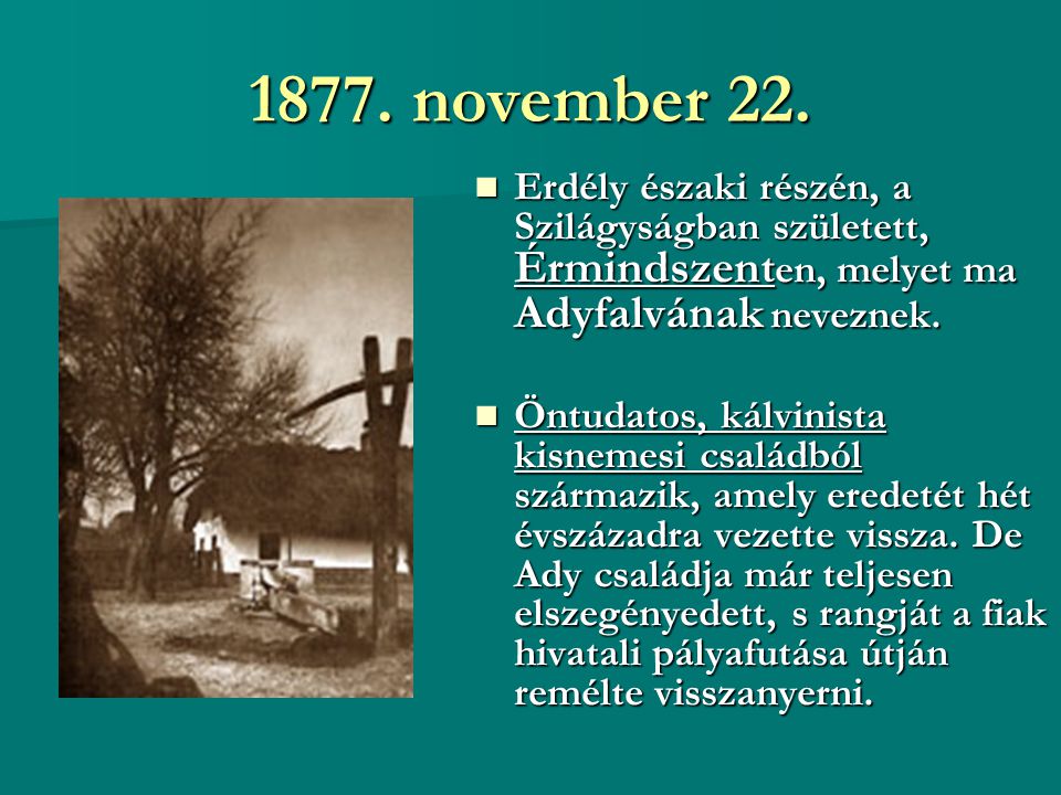 1877. november 22. Erdély északi részén, a Szilágyságban született, Érmindszenten, melyet ma Adyfalvának neveznek.