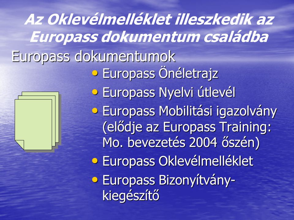 Az Oklevélmelléklet illeszkedik az Europass dokumentum családba